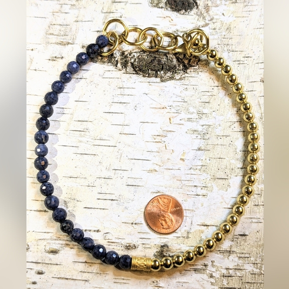 Natural Blue Sapphire and Gold Beads In Assymetrical Gold Plated Necklace Choker - Picture 7 of 7